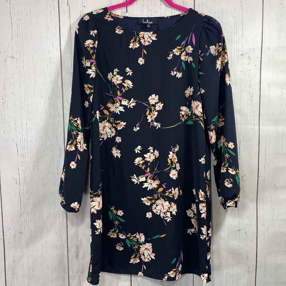 Lulus Navy Floral Long Sleeve Shift Dress Size S Romantic Boho Chic Feminine